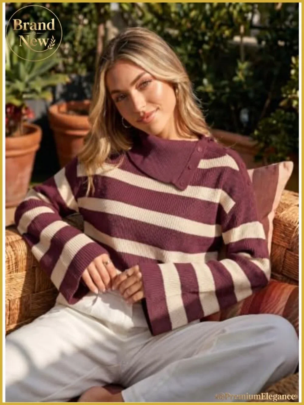 Women's Striped Knit Bell Sleeve Sweater, 3-in-1 Button Collar Turtleneck,